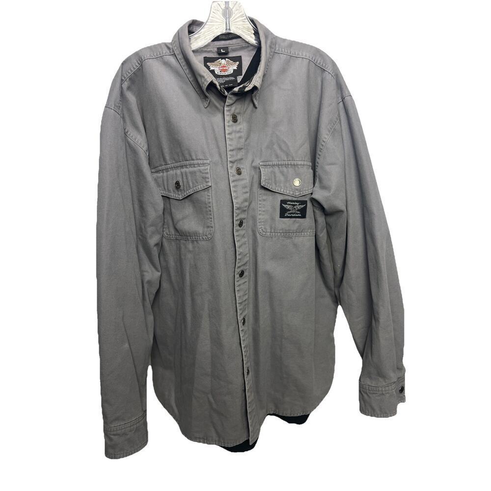 Harley Davidson Snap Shirt Jacket Mens Gray Canvas Fleece Lined Shacket Size L